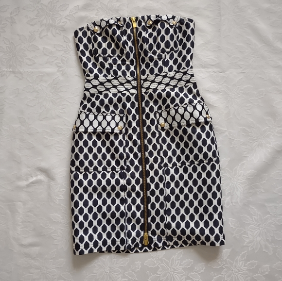 Diane Von Furstenberg runway dress corset goldtone buttons black white diamond - Picture 3 of 13